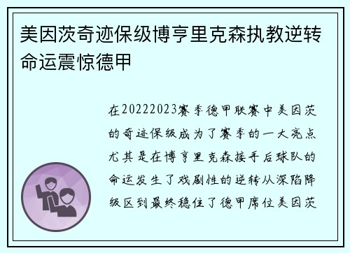 美因茨奇迹保级博亨里克森执教逆转命运震惊德甲